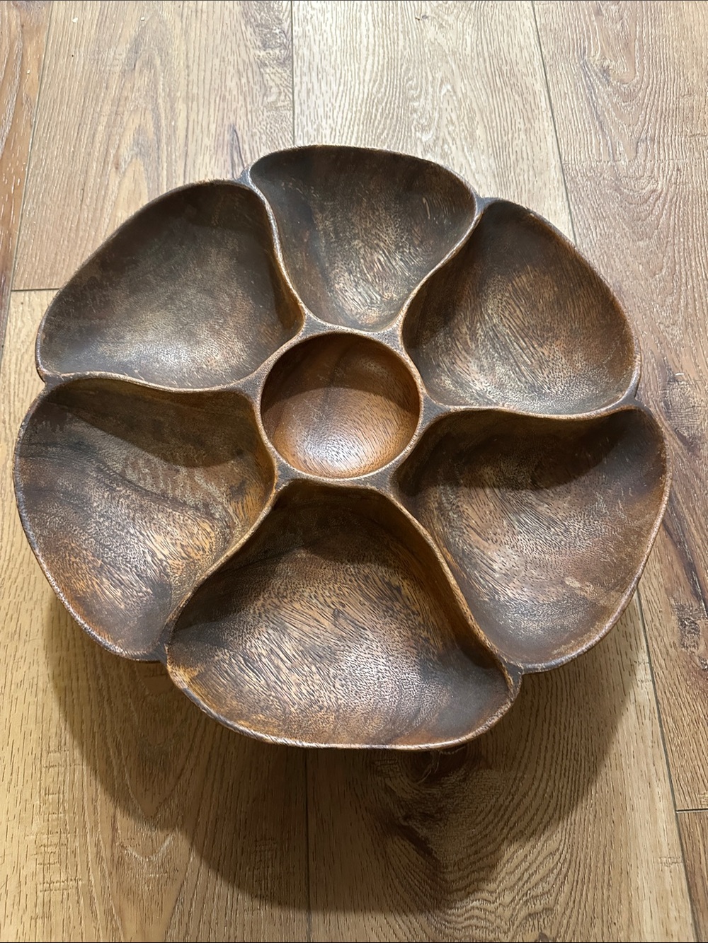 Vintage MCM Hand-Carved Monkey Pod Wood Lazy Susan Serving Platter - Brown
